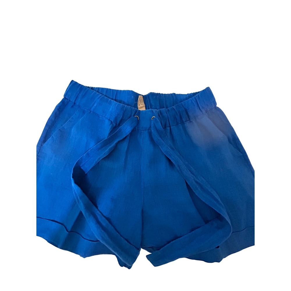 J.Crew Blue Linen Drawstring Shorts Women Size 6 Cobalt Cuffed Elastic Waist